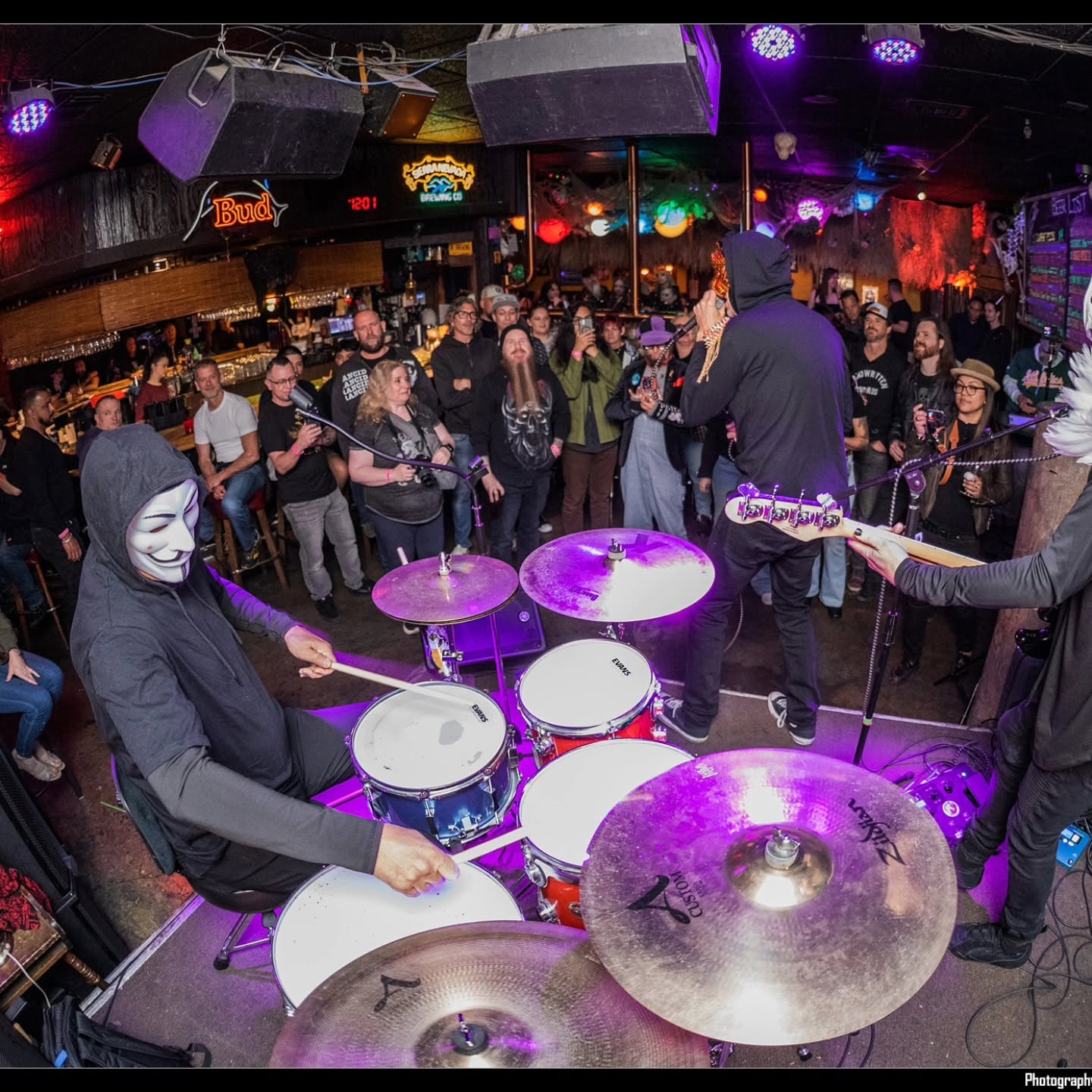 Tiger & Dove performing in a packed room, seen from behind the drum kit